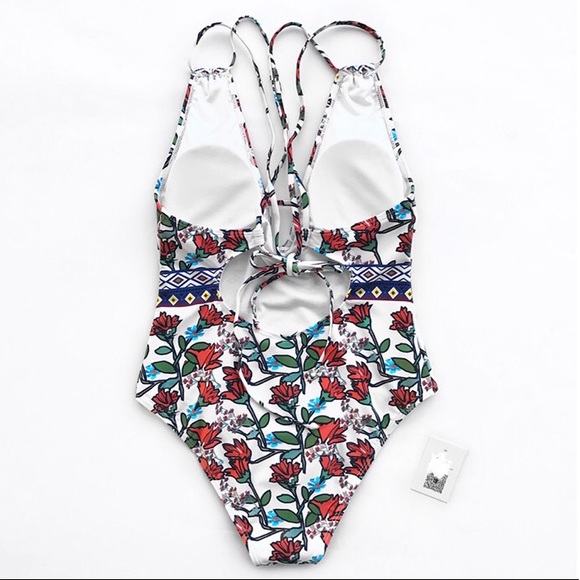 Floral Boho Geometric One Piece Deep V Swimsuit - Picture 5 of 6